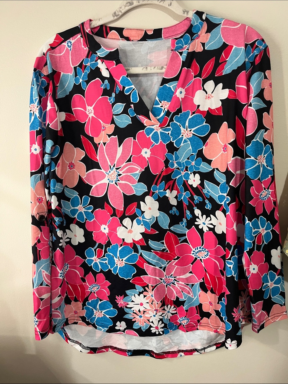 Floral V-Neck Long Sleeve Top - Pink & Blue Floral